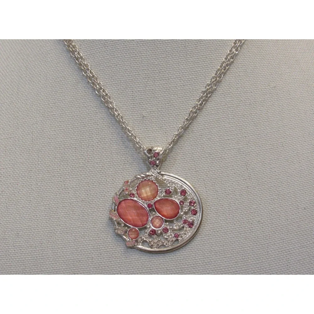 Silver Tone Orange Pink Resin Rhinestone Round‎ Filigree Pendant Necklace 18in